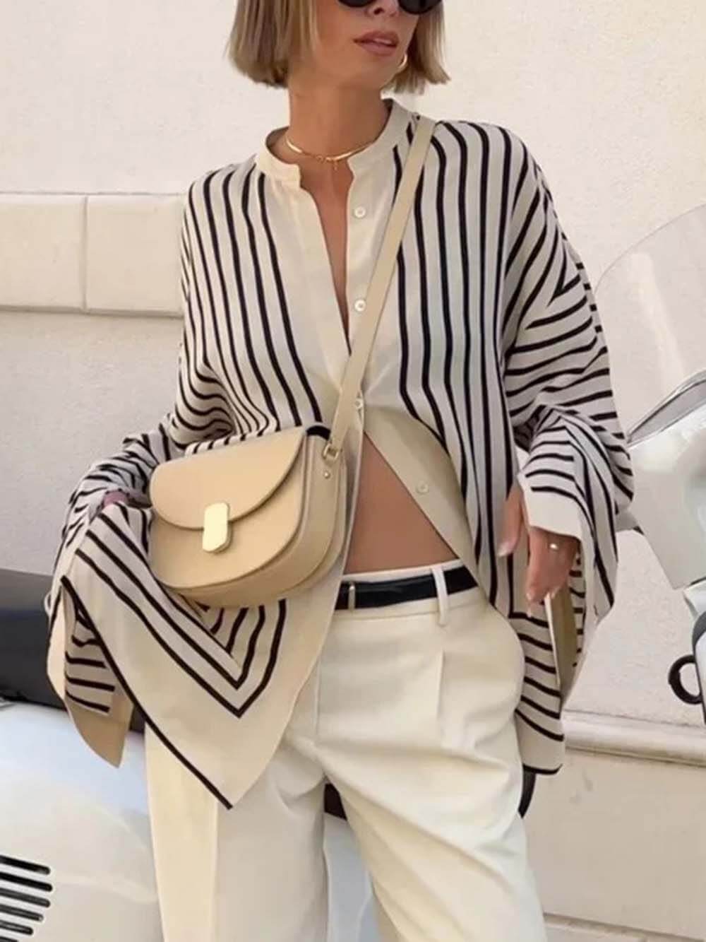 Elegant Casual Round Neck Striped Satin Loose Blouses