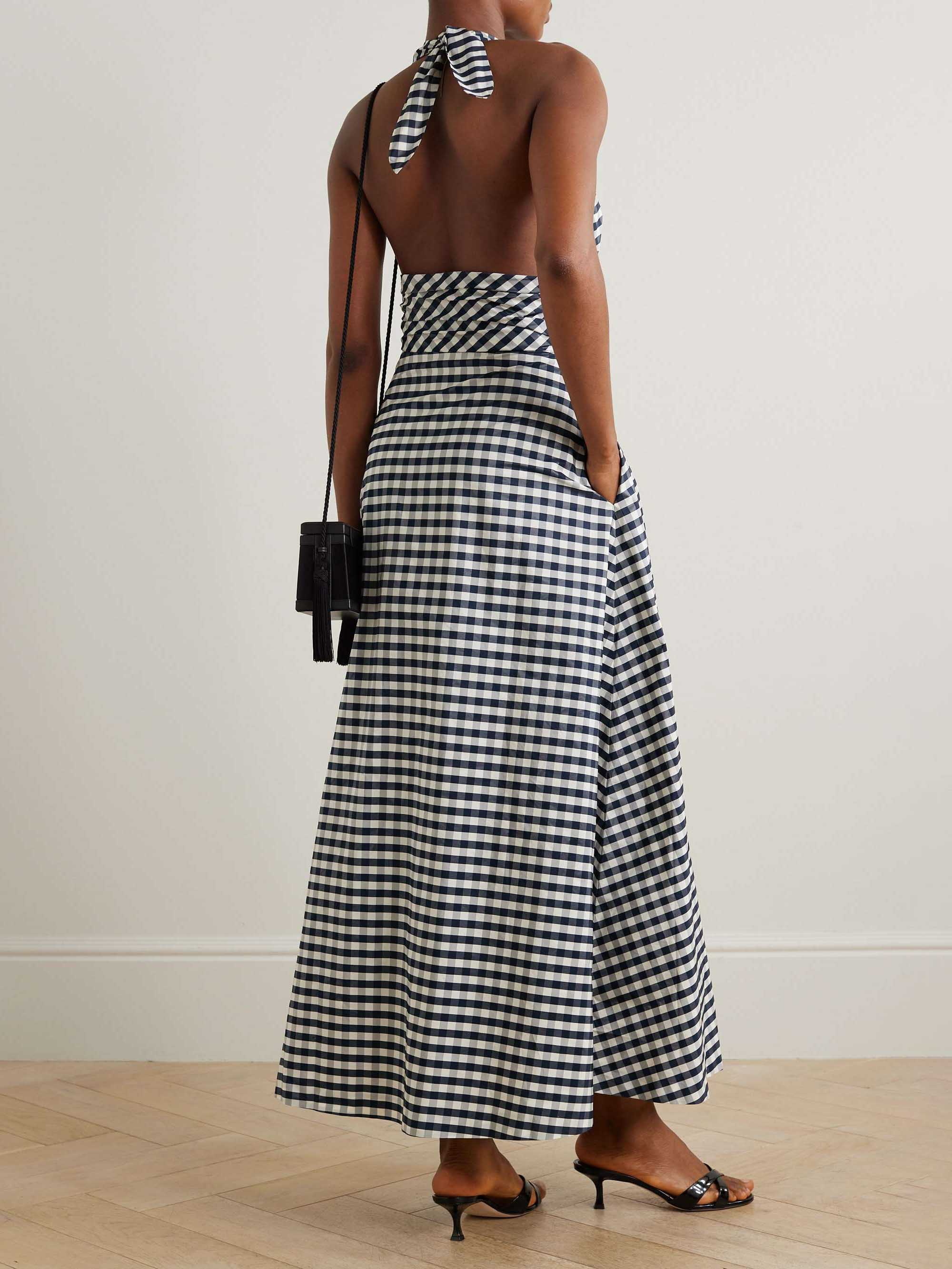 Elegant Plaid Halterneck Deep V-Neck Midi Dress