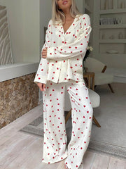 Cute Heart Print Button Down Shirt Pajama Sets