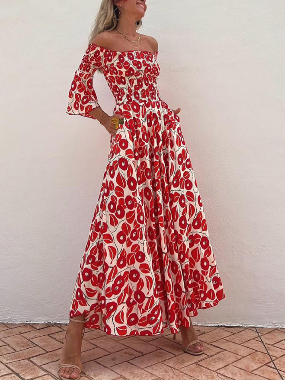 Floral Print Smocked Off Shoulder Pocketed Maxi Dress