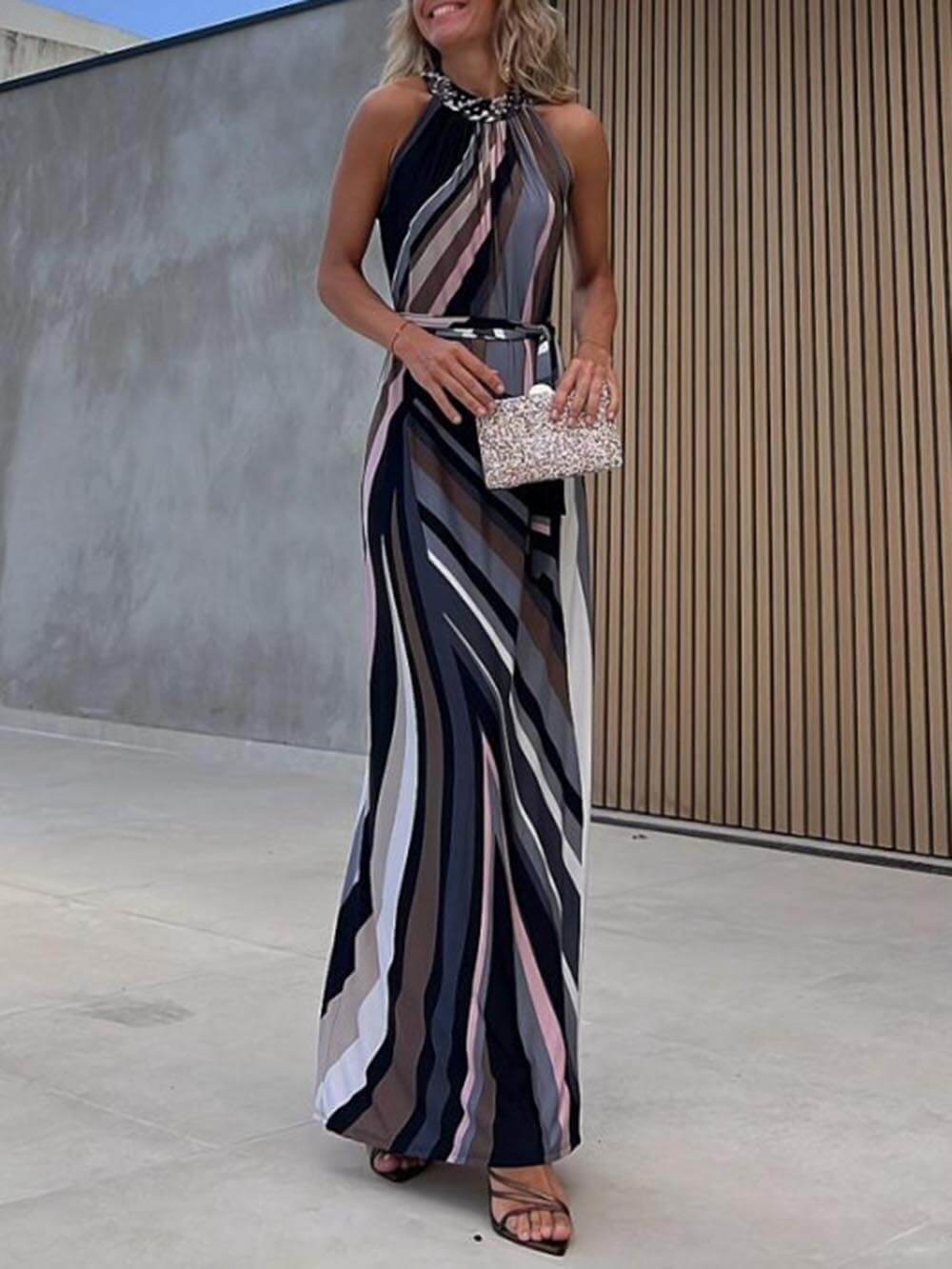 Casual Loose Halterneck Striped Gradient Print Maxi Dress