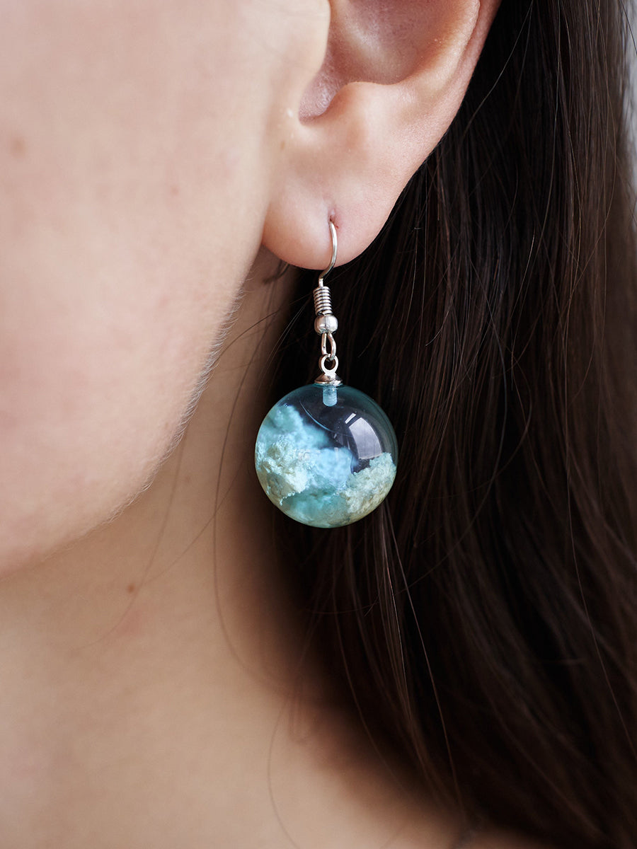 Blue Sky Sphere Dangle Earrings Terrarium Clear Cloudy Sky Designer Earrings