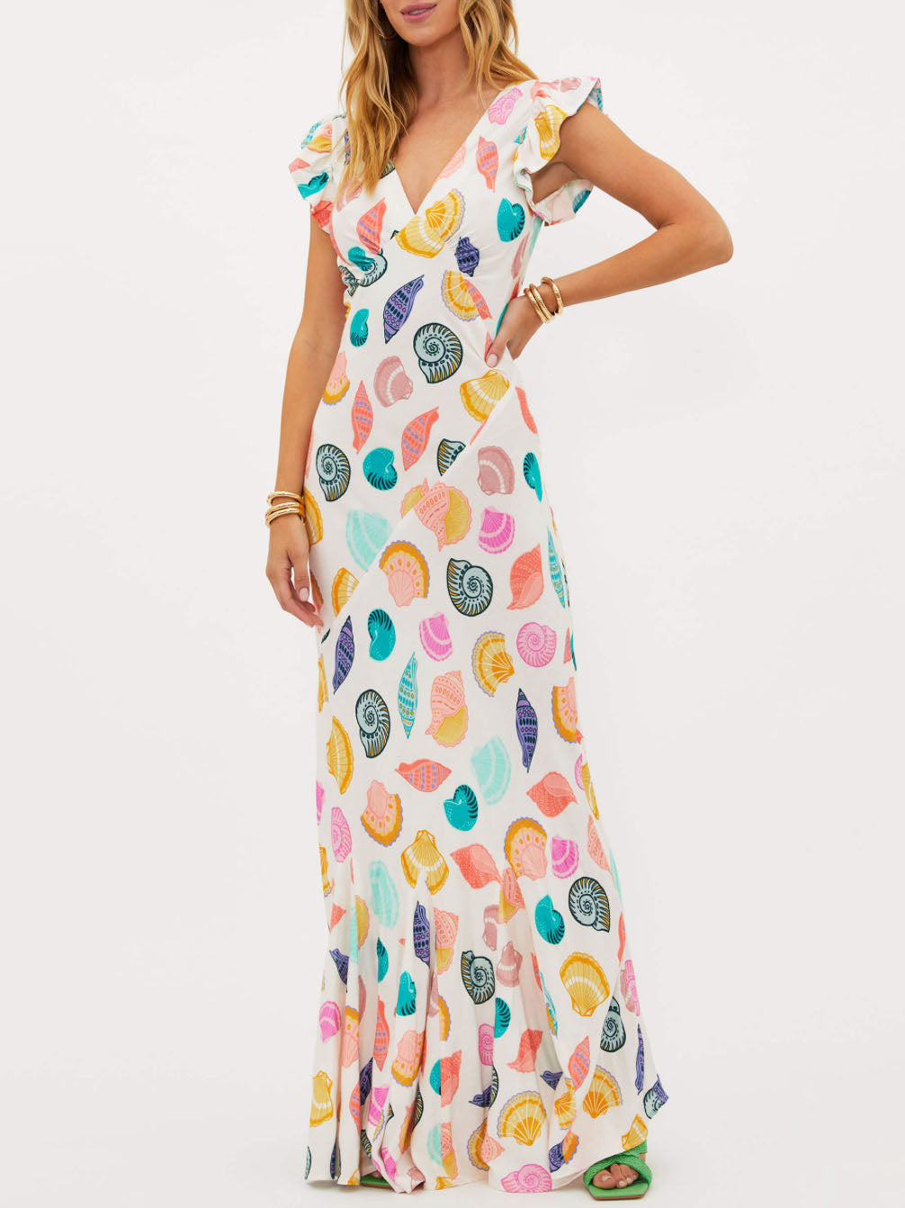 Exquisite Ocean Shell Print V-Neck Maxi Dress