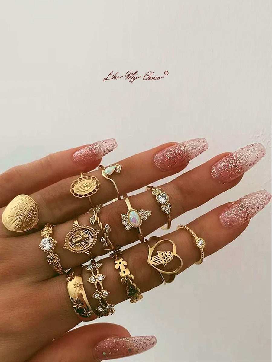 Crystal Geometric Boho Ring Set 15pcs