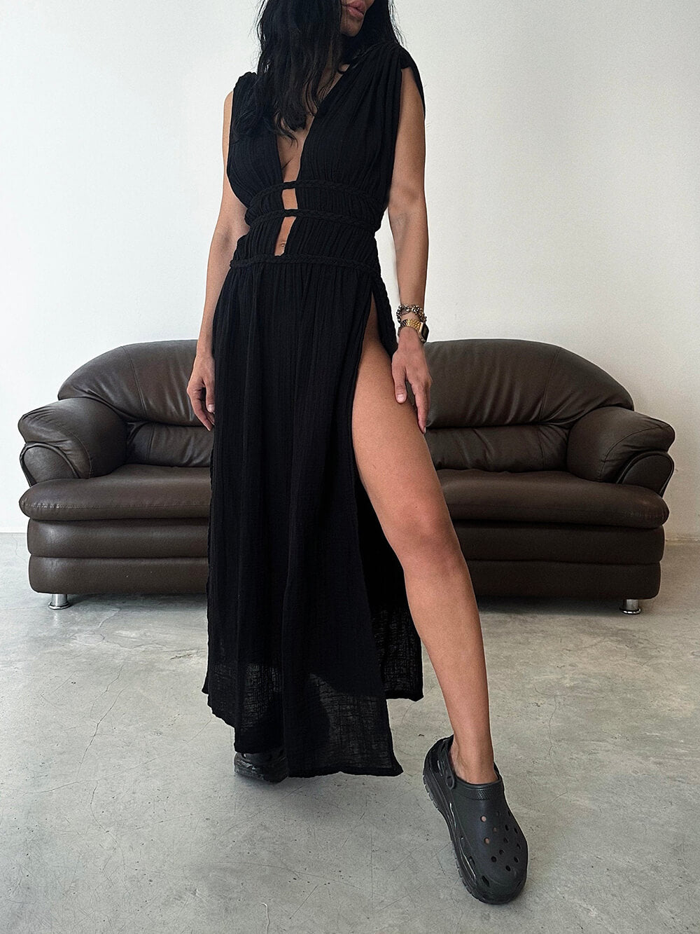 Boho Braids Belt Cutout Slit Kaftan Maxi Dress