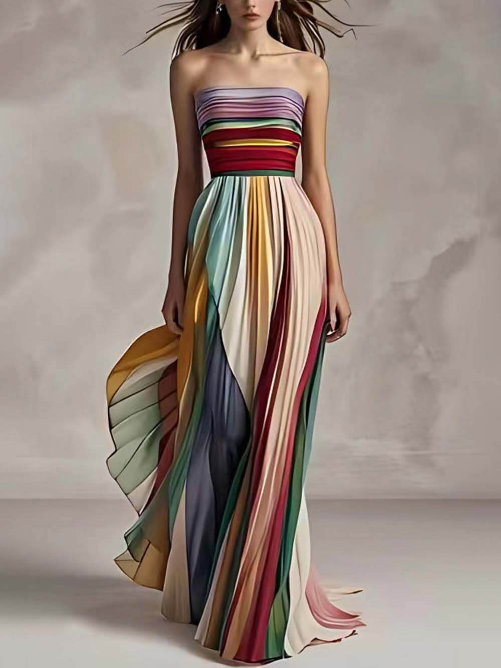 Elegant Striped Printed Off-shoulder Pleated Bandeau Maxi Dress