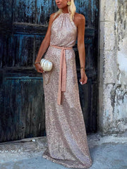 Evenings Sequin Halter Neck Belted Loose Maxi Dress