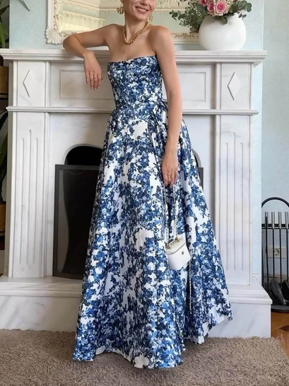 Elegant Strapless Printed String Maxi Dress