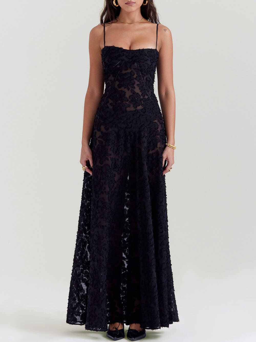 Black Floral Lace Back Maxi Dress