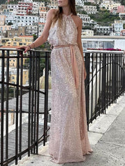 Evenings Sequin Halter Neck Belted Loose Maxi Dress