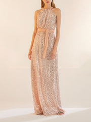 Evenings Sequin Halter Neck Belted Loose Maxi Dress