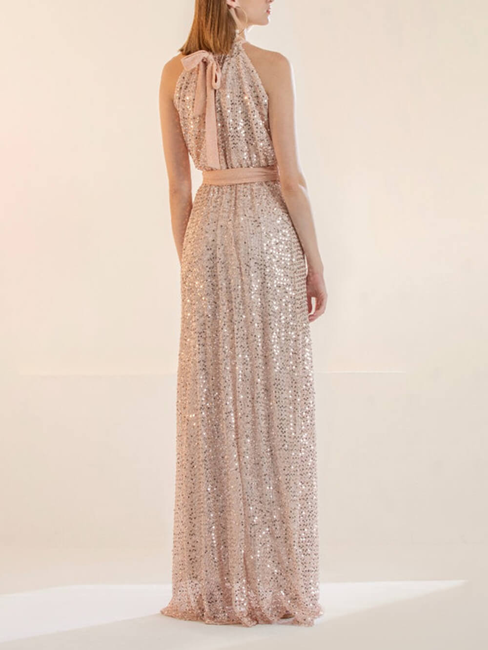 Evenings Sequin Halter Neck Belted Loose Maxi Dress