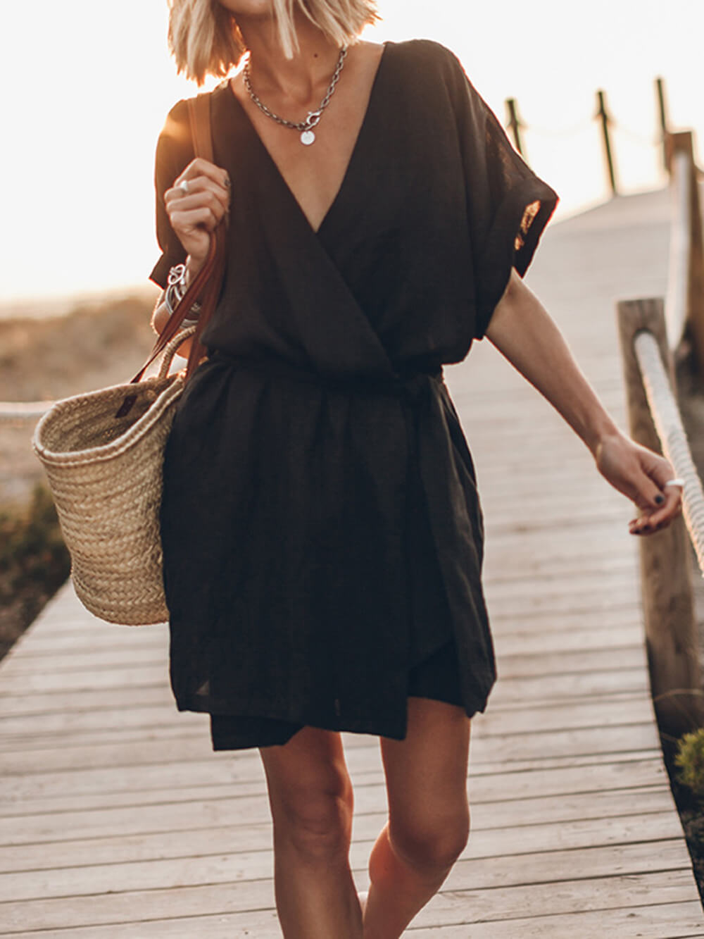 Breezy Leisure Pocketed Belt Kimono Mini Dress