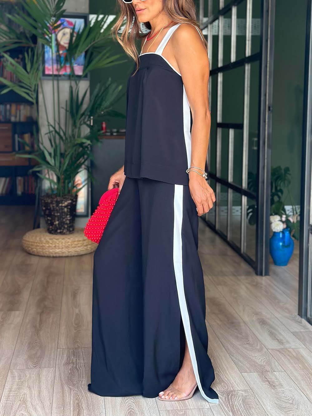 Classic Black And White Stitching Slit Loose Wide-Leg Pants