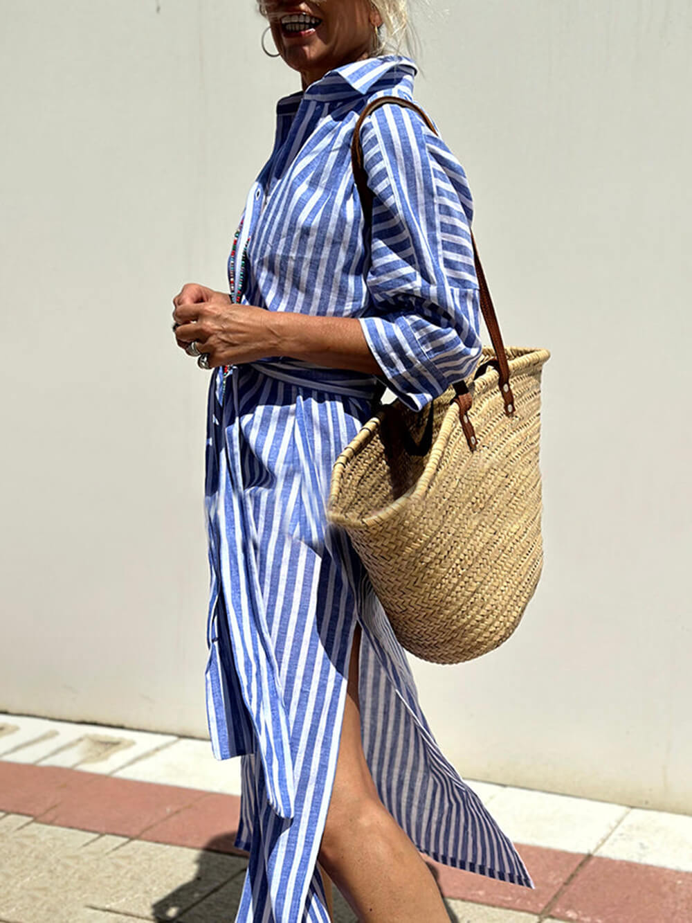 Splendor Stripes Printed Button Half Sleeve Belt Shirt Midi Dress