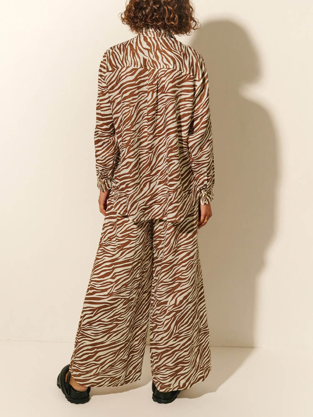 Button Open Collar Loose Zebra Print Drawstring Wide Leg Pants