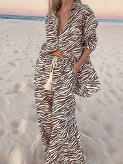 Button Open Collar Loose Zebra Print Drawstring Wide Leg Pants