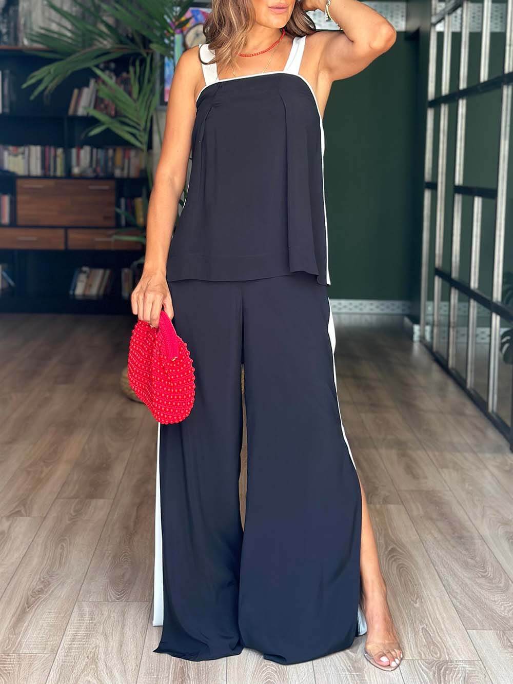 Classic Black And White Stitching Slit Loose Wide-Leg Pants