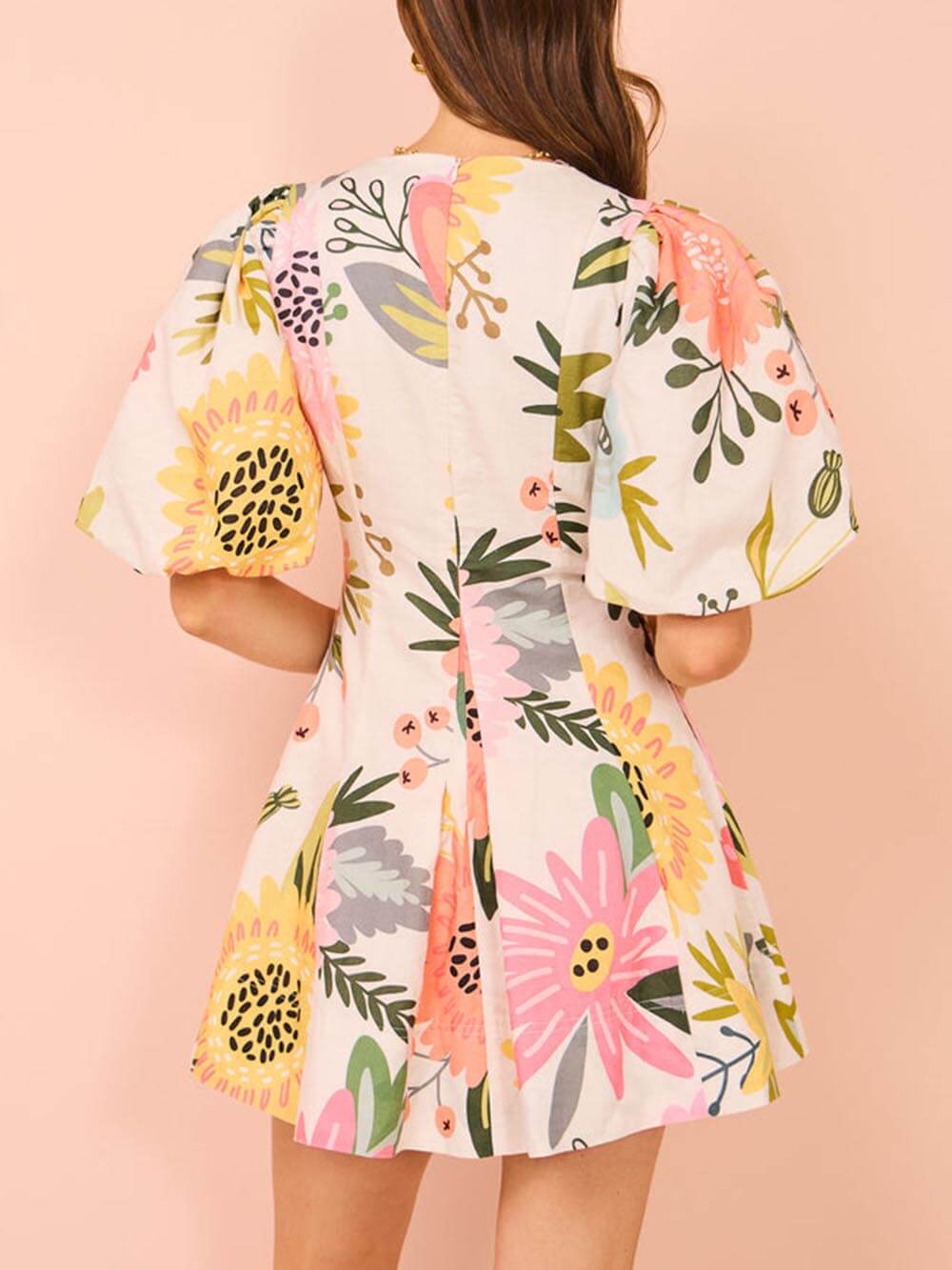 Floral Print Puff Sleeve Pocketed Mini Dress