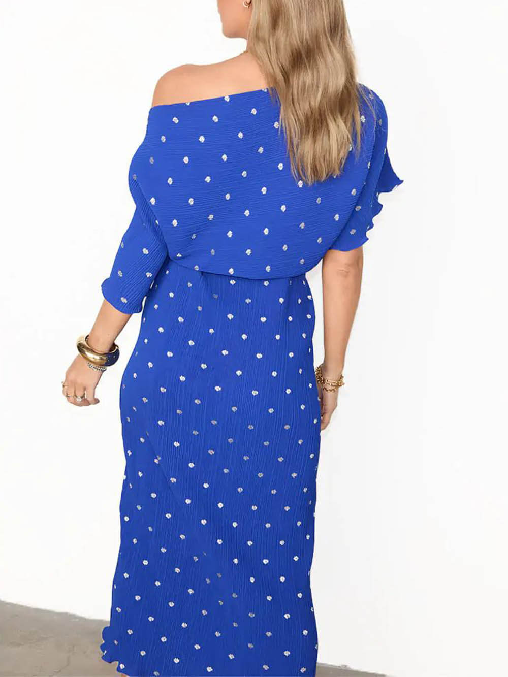 Elegant Pleated Spotted Printed Off-Shoulder Dress