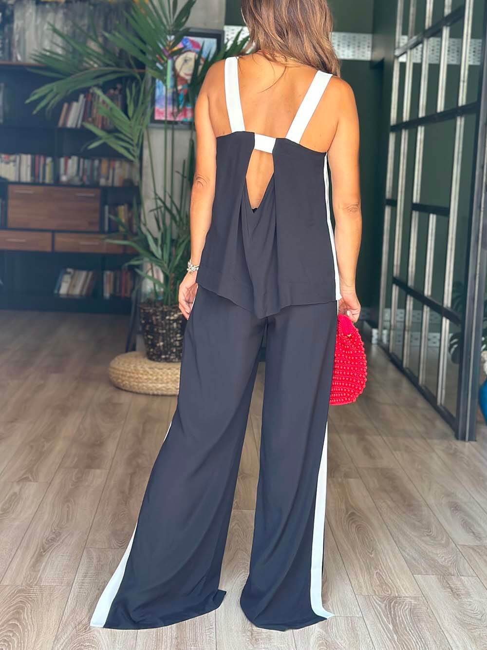 Classic Black And White Stitching Slit Loose Wide-Leg Pants