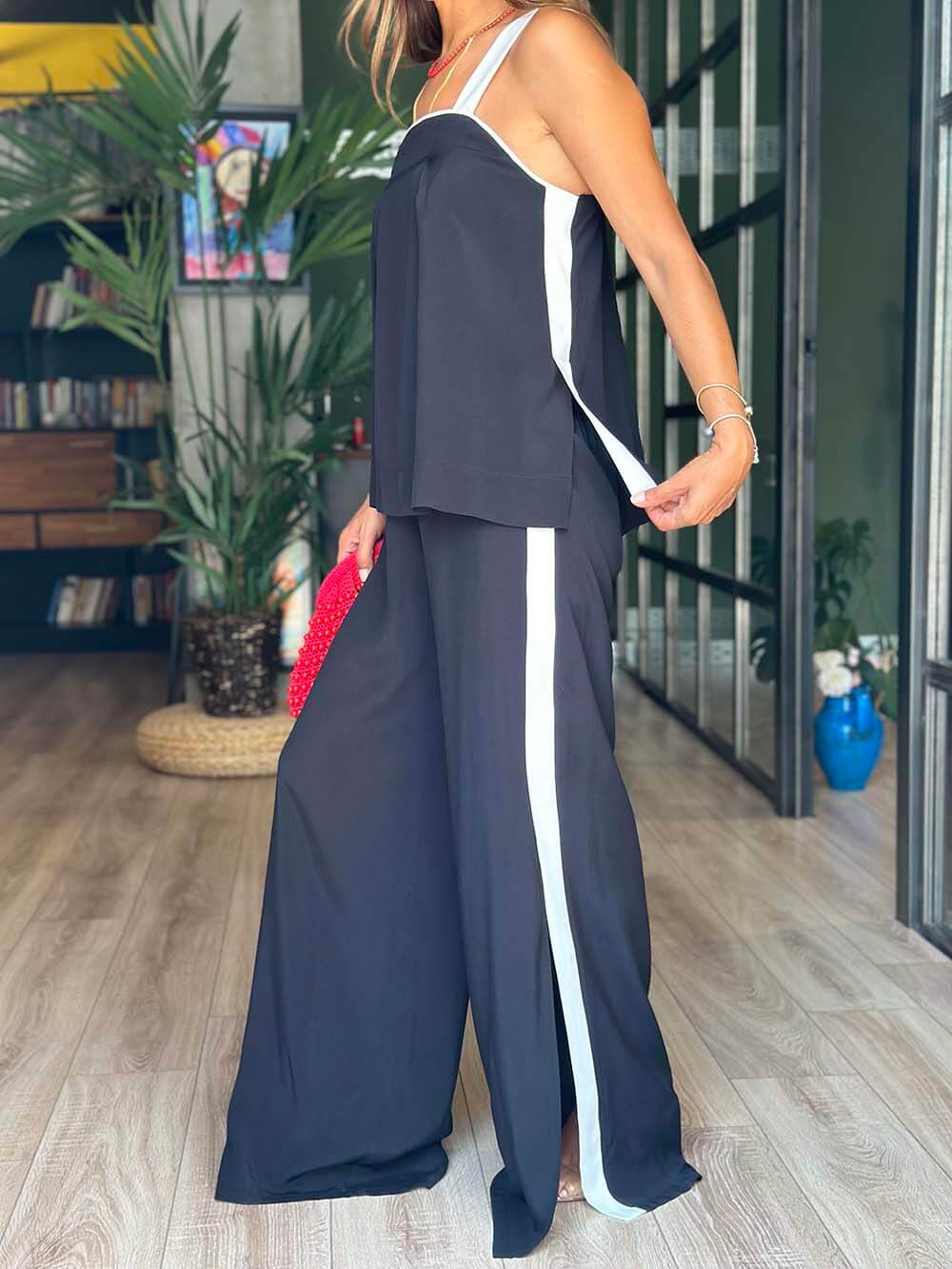 Classic Black And White Stitching Slit Loose Wide-Leg Pants