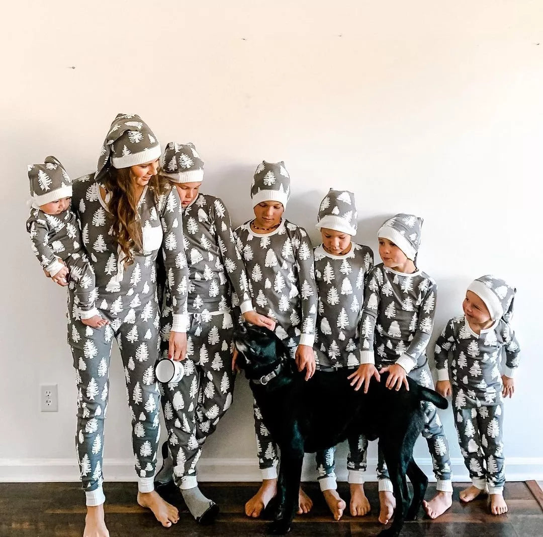 Gray & White Christmas Tree Print Family Matching Pajamas