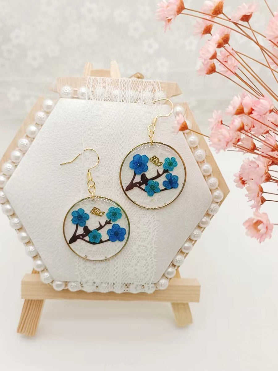 Dried Plum Blossom Epoxy Gold Butterfly Earrings