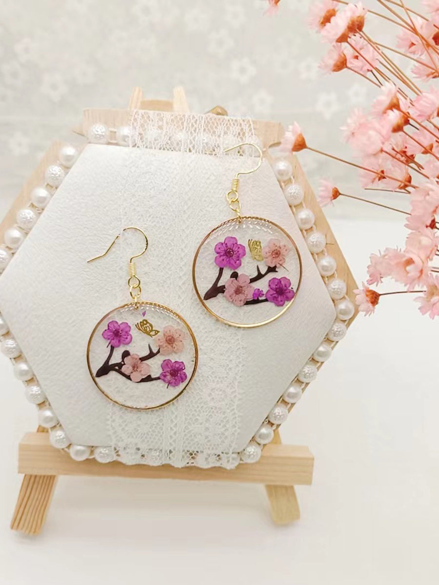 Dried Plum Blossom Epoxy Gold Butterfly Earrings