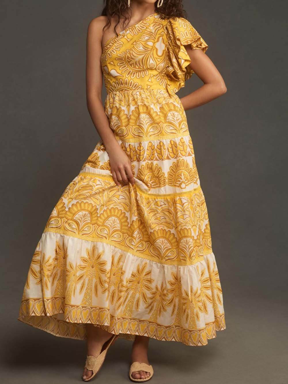 Exquisite Unique Print One Shoulder Ruffle Sleeve Tiered Maxi Dress