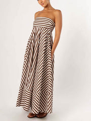 Elegant Bandeau Stripe Color Blocking Strapless Maxi Dress