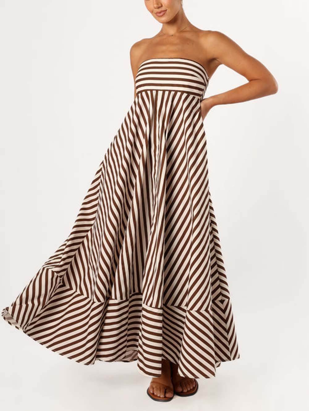 Elegant Bandeau Stripe Color Blocking Strapless Maxi Dress