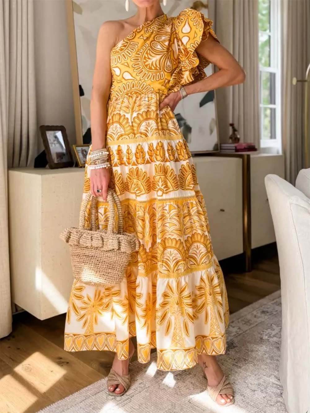 Exquisite Unique Print One Shoulder Ruffle Sleeve Tiered Maxi Dress