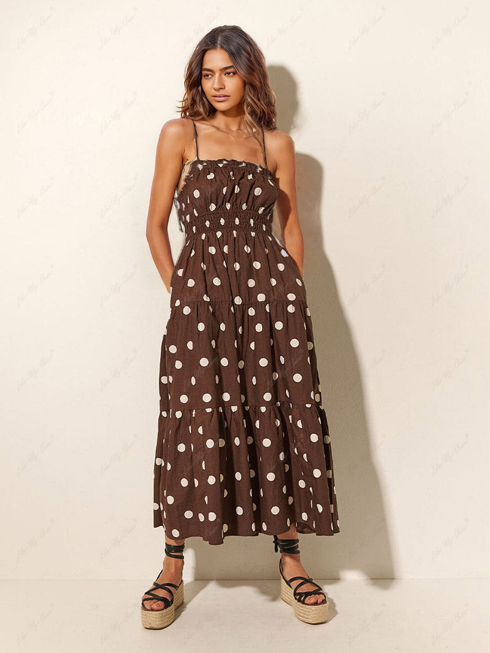 Chocolate And Ivory Polka Dot Print Pleated Elastic Strap Dress