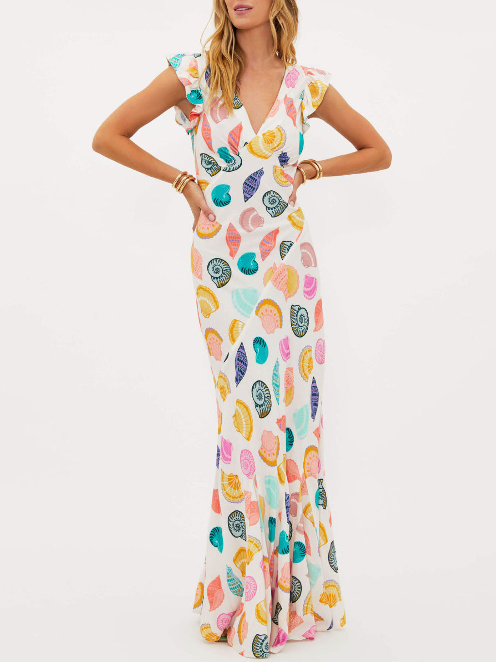 Exquisite Ocean Shell Print V-Neck Maxi Dress