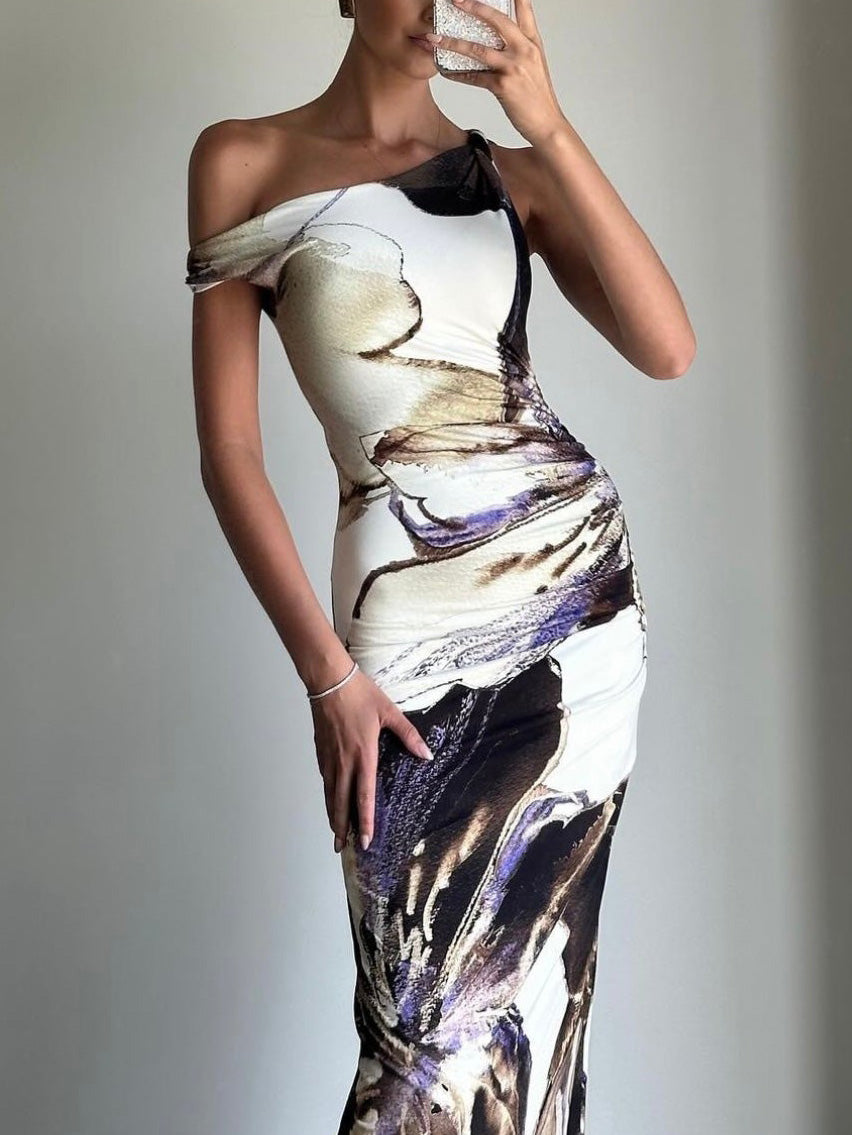 Abstract Ink Floral Print Hip-Wrapped Maxi Dress