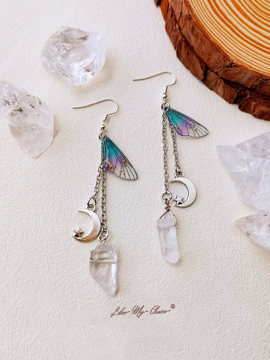 Butterfly Wing Moon Crystal Tassel Boho Earrings