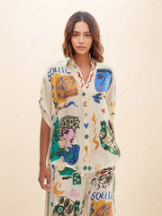 Casual Graffiti Printing Loose Satin Suit