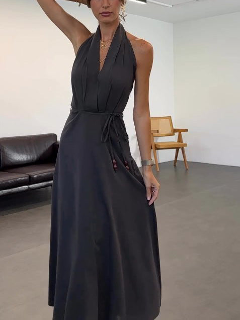 Casual Halterneck Deep V-Neck Midi Dress