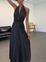 Casual Halterneck Deep V-Neck Midi Dress