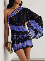 Exquisite Retro Ethnic Print Asymmetrical Mini Dress