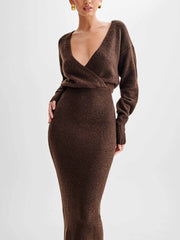 Elegant V-Neck Slim Sweater Hip-Wrapped Midi Dress