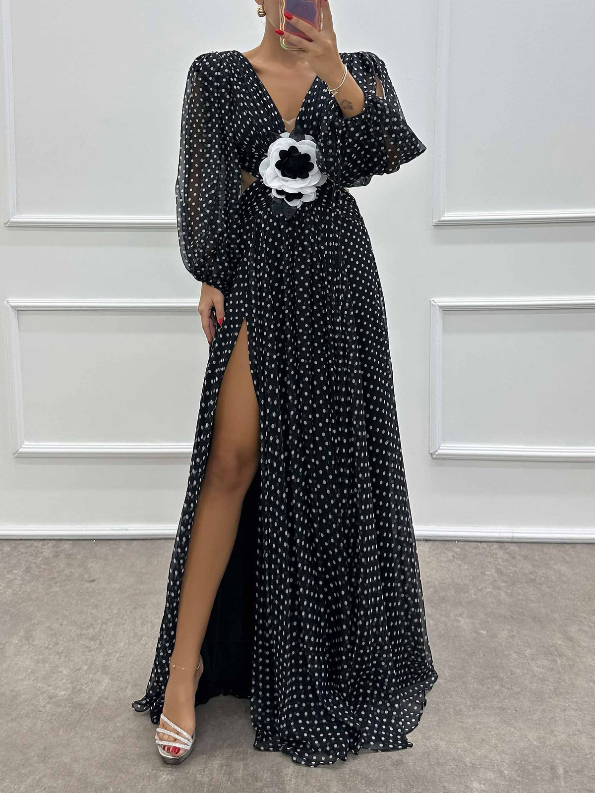 Elegant Classic Polka Dot V-Neck Slit Maxi Dress