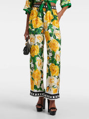 Exquisite Rose Print Loose Long Wide Leg Pants