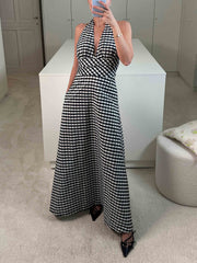 Elegant Plaid Halterneck Deep V-Neck Midi Dress