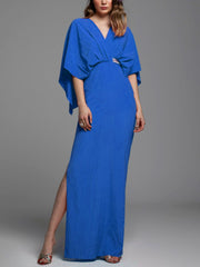 Elegant Satin V-Neck Dropped Shoulder Sleeve Maxi Dress