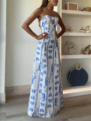 Elegant Floral Bandeau Backless Maxi Dress