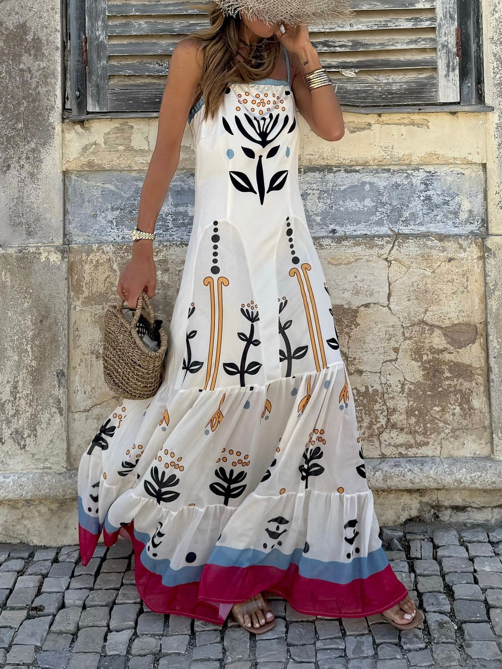 Fashion Personality Abstract Plant Print A-Line Maxi Dress