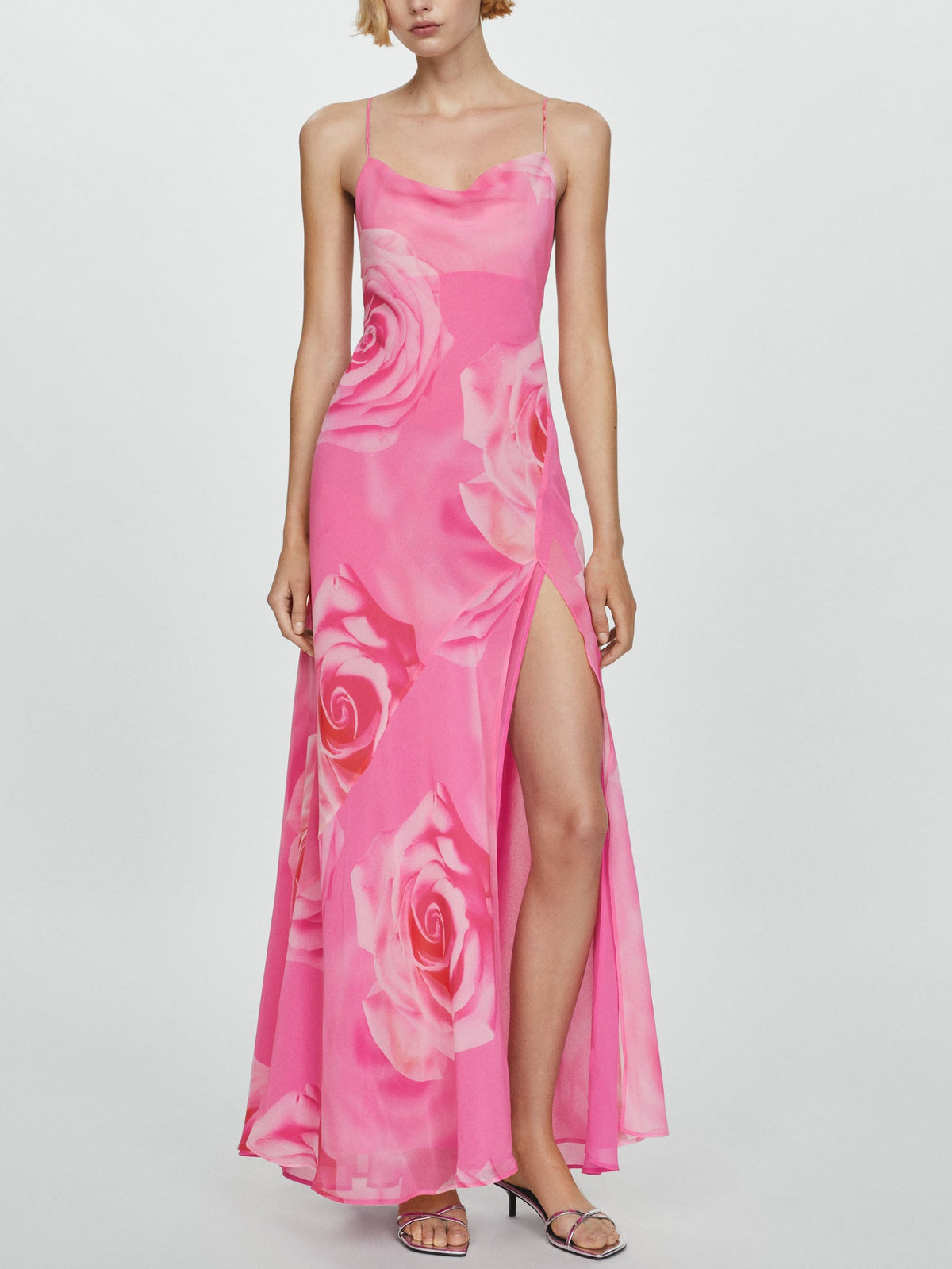 Delicate Rose Floral Print Slit Maxi Dress