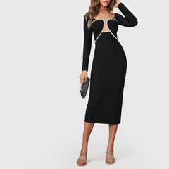 BLACK CUT OUT NECK MIDI DRESS with RHINESTONES